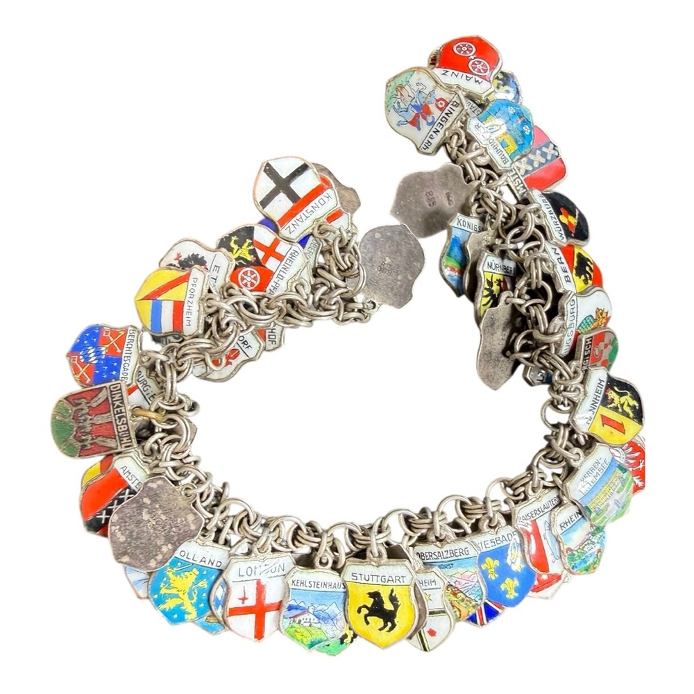 Vintage Enamel Silver Travel‎ Charm Bracelet